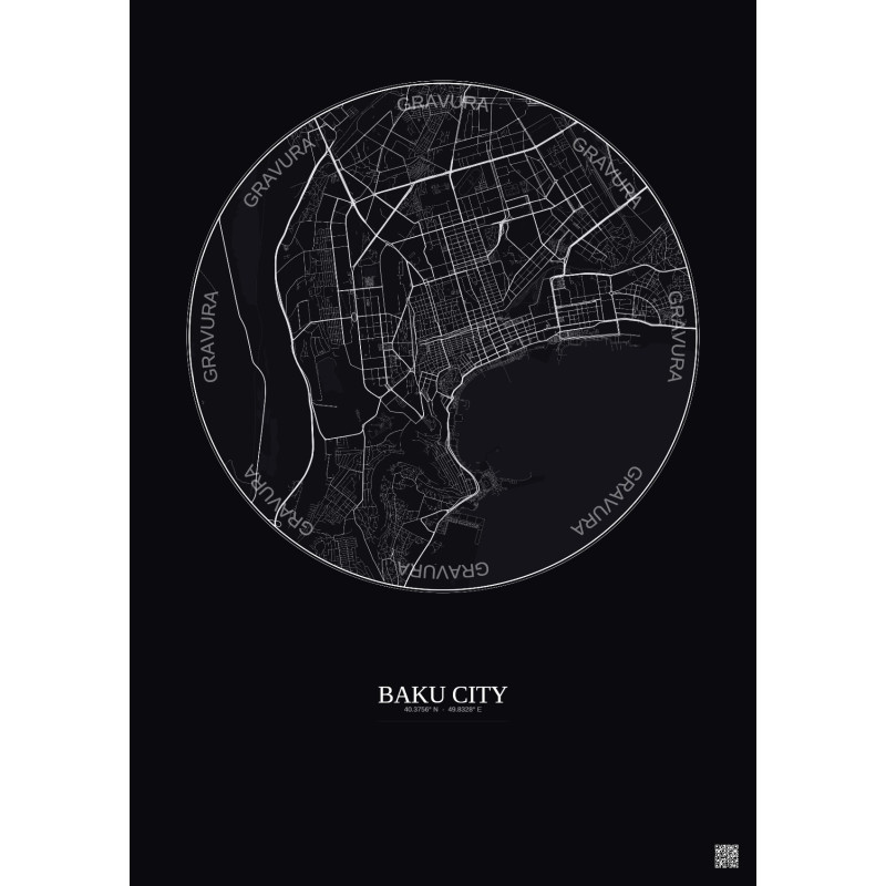 Affiche Baku City – Poster carte de ville 6km | Gravura – Fond foncé