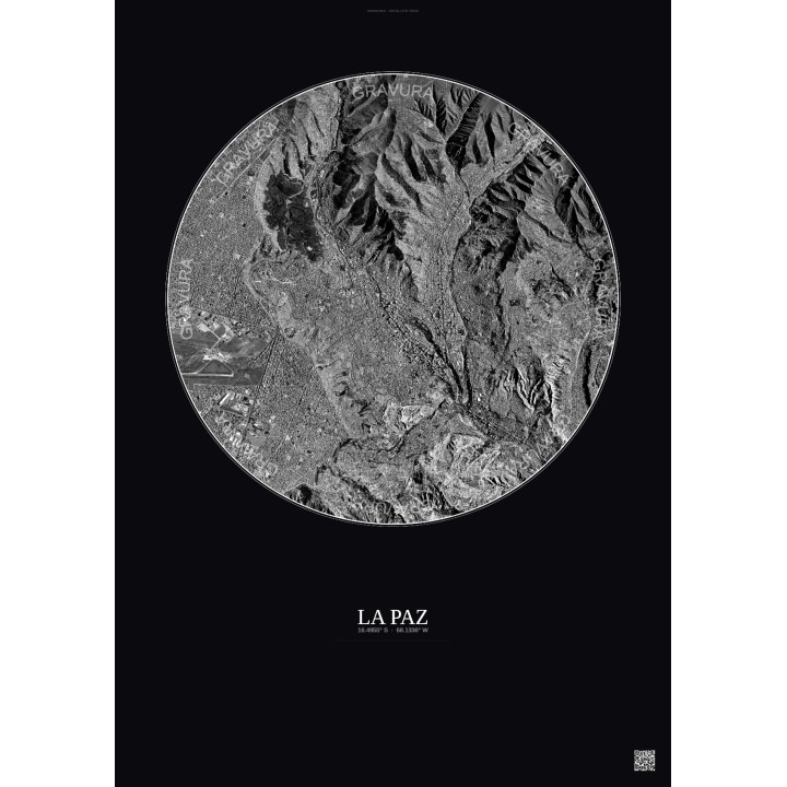 Affiche La Paz – Poster vue satellite 6km N&B | Gravura – Fond foncé