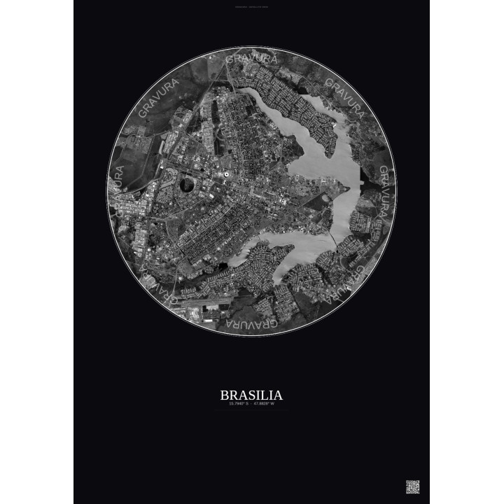 Affiche Brasilia – Poster vue satellite 10km N&B | Gravura – Fond foncé