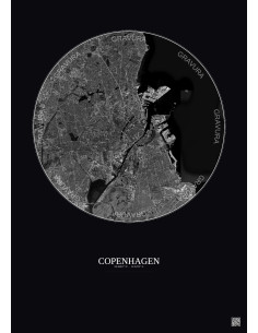 Affiche Copenhagen – Poster vue satellite 10km N&B | Gravura – Fond foncé 2