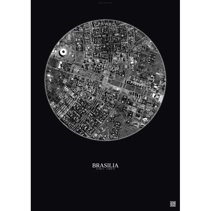 Affiche Brasilia – Poster vue satellite 2.5km N&B | Gravura – Fond foncé