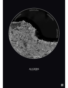Affiche Algiers – Poster vue satellite 10km N&B | Gravura – Fond foncé 2