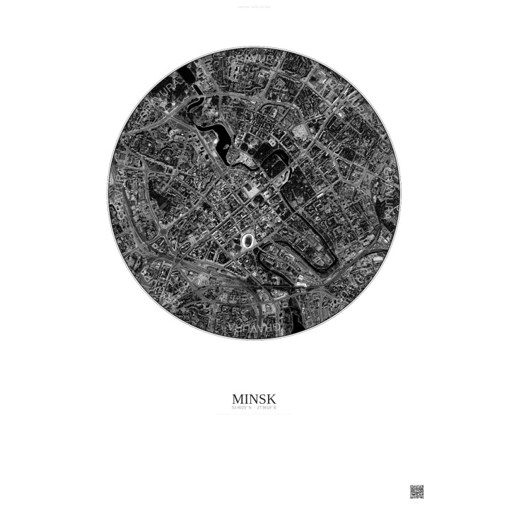 Affiche Minsk – Poster vue satellite 2.5km N&B | Gravura – Fond clair