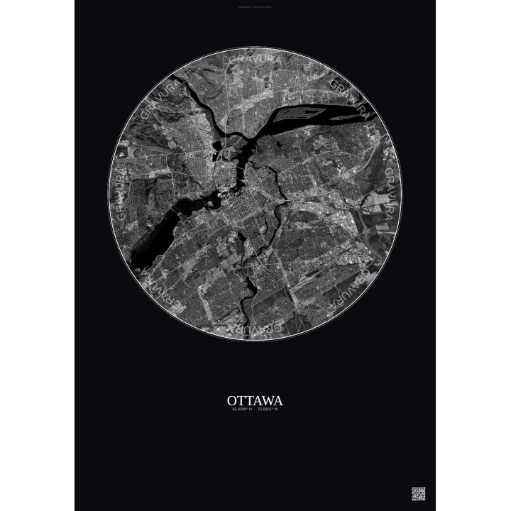 Affiche Ottawa – Poster vue satellite 10km N&B | Gravura – Fond foncé