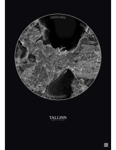 Affiche Tallinn – Poster vue satellite 6km N&B | Gravura – Fond foncé 2