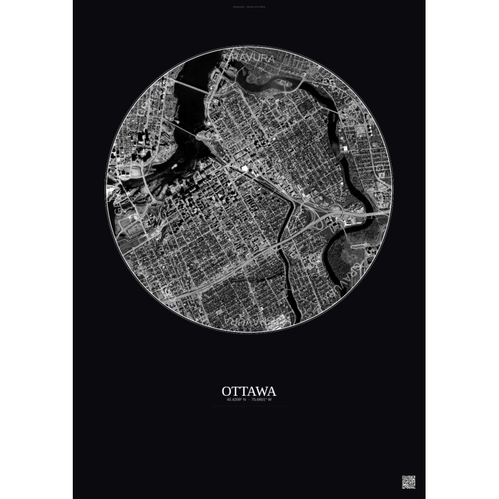 Affiche Ottawa – Poster vue satellite 2.5km N&B | Gravura – Fond foncé