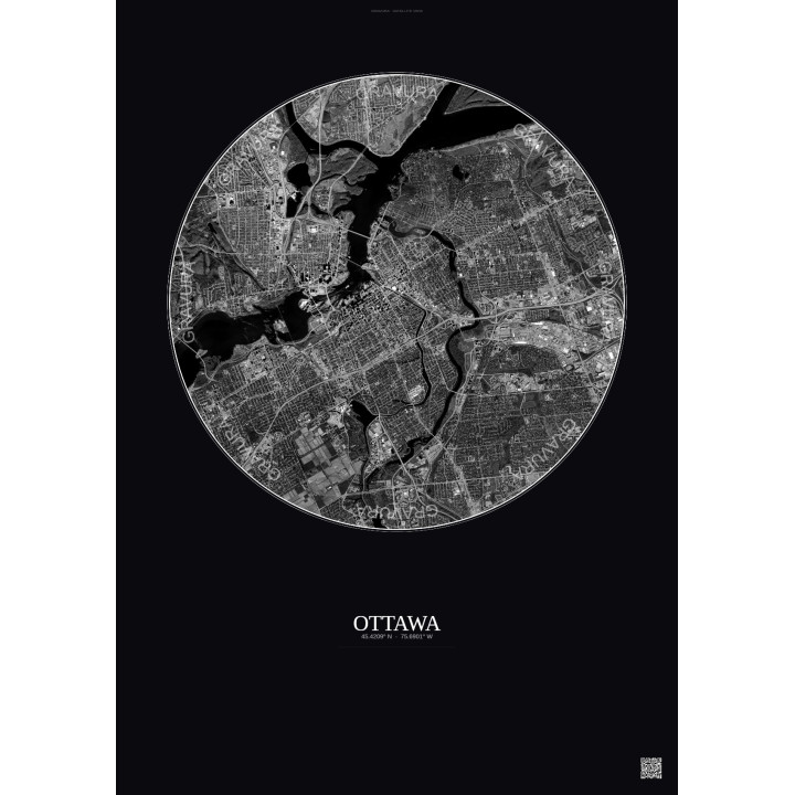 Ottawa Satellite View Poster 6km B&W | Gravura – Dark background