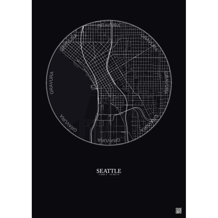Affiche Seattle – Poster carte de ville 2.5km | Gravura – Fond foncé