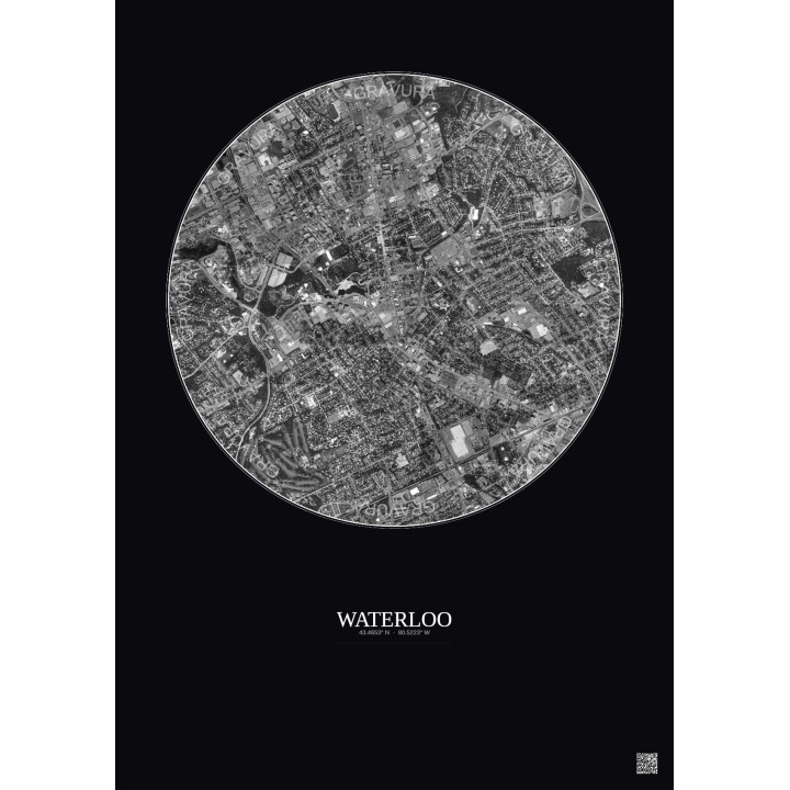 Affiche Waterloo – Poster vue satellite 2.5km N&B | Gravura – Fond foncé