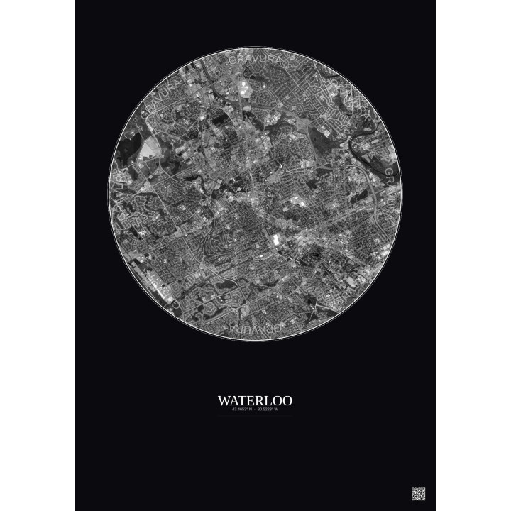 Waterloo Satellite View Poster 5km B&W | Gravura – Dark background