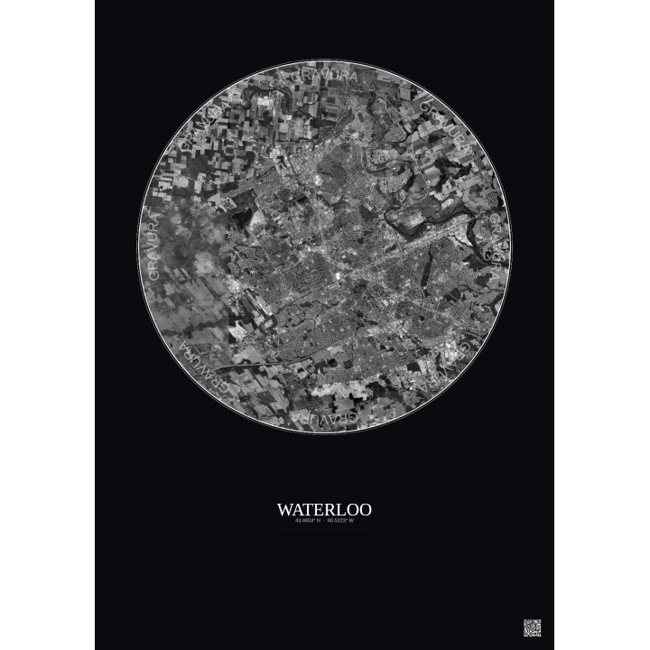 Affiche Waterloo – Poster vue satellite 10km N&B | Gravura – Fond foncé