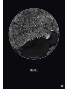 Brest Satellite View Poster 6km B&W | Gravura – Dark background 2
