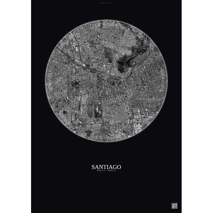 Affiche Santiago – Poster vue satellite 6km N&B | Gravura – Fond foncé