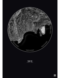 Affiche Nice – Poster vue satellite 10km N&B | Gravura – Fond foncé 2