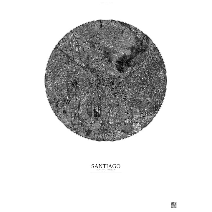 Santiago Satellite View Poster 6km B&W | Gravura – Light background