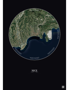 Affiche Nice – Poster vue satellite 10km Couleur | Gravura – Fond foncé 2