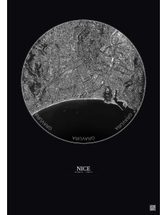 Affiche Nice – Poster vue satellite 2.5km N&B | Gravura – Fond foncé 2
