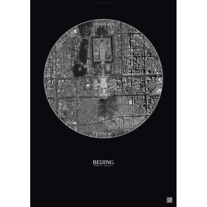 Affiche Beijing – Poster vue satellite 2.5km N&B | Gravura – Fond foncé