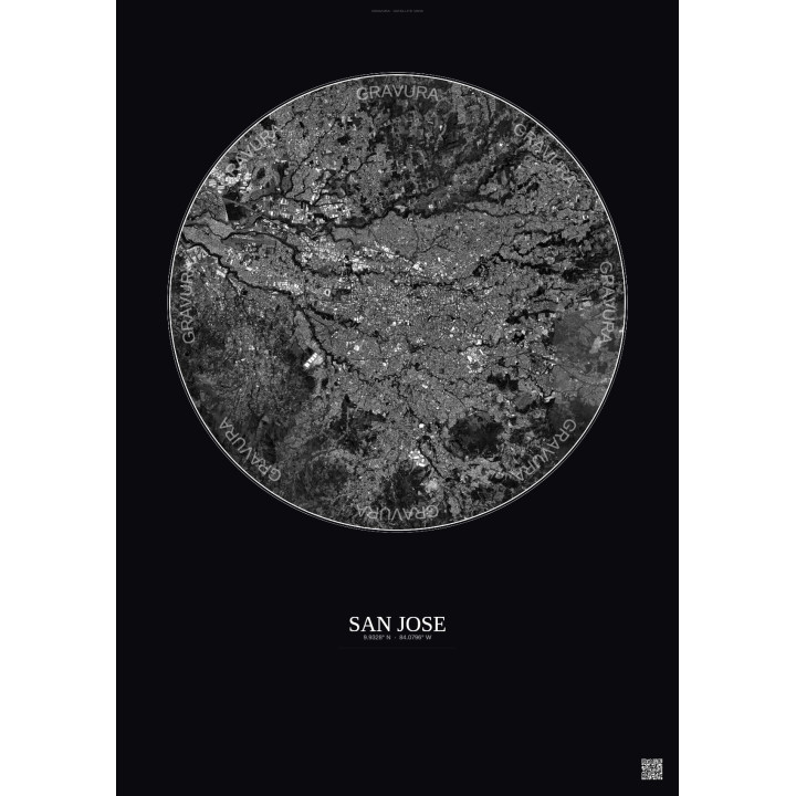 Affiche San Jose – Poster vue satellite 10km N&B | Gravura – Fond foncé