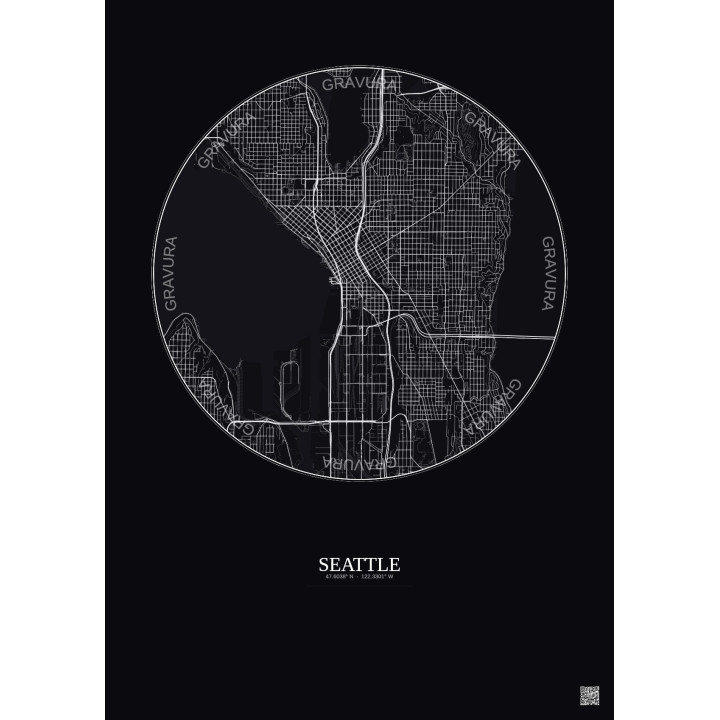 Affiche Seattle – Poster carte de ville 5km | Gravura – Fond foncé