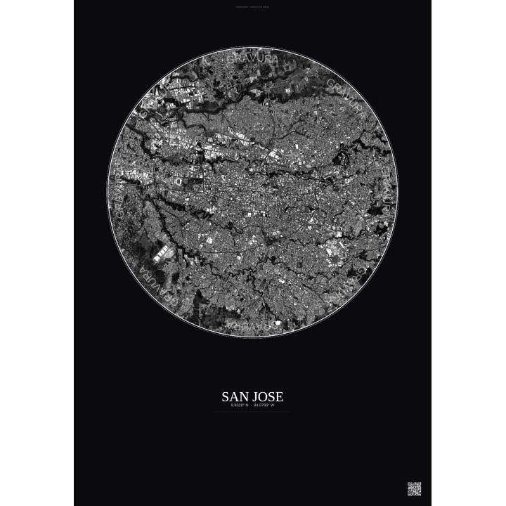 Affiche San Jose – Poster vue satellite 6km N&B | Gravura – Fond foncé