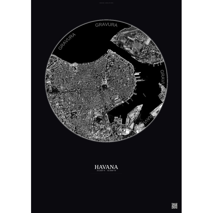 Affiche Havana – Poster vue satellite 2.5km N&B | Gravura – Fond foncé