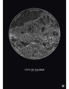 Affiche City Of Zagreb – Poster vue satellite 10km N&B | Gravura – Fond foncé 2