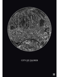 Affiche City Of Zagreb – Poster vue satellite 6km N&B | Gravura – Fond foncé 2