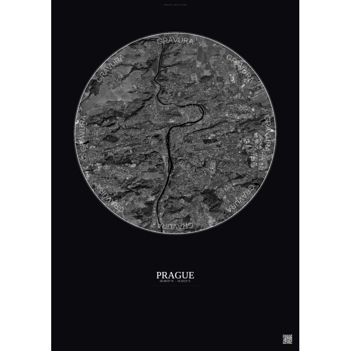 Prague Satellite View Poster 10km B&W | Gravura – Dark background