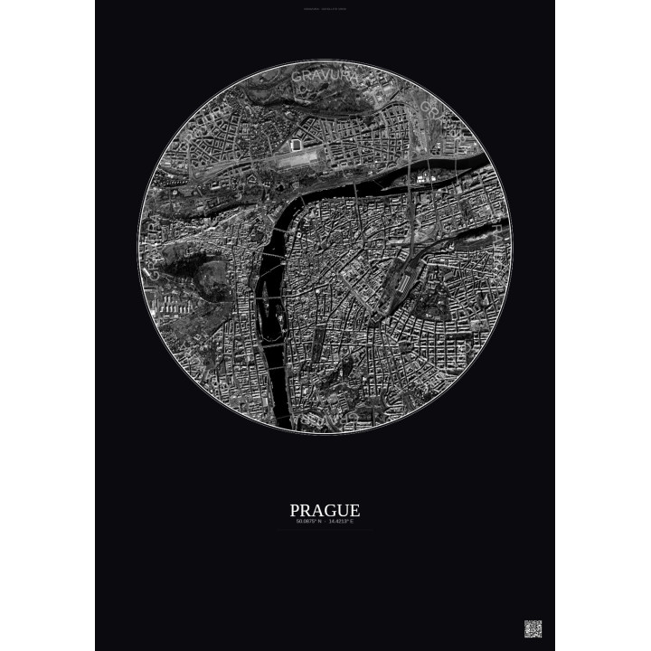 Affiche Prague – Poster vue satellite 2.5km N&B | Gravura – Fond foncé