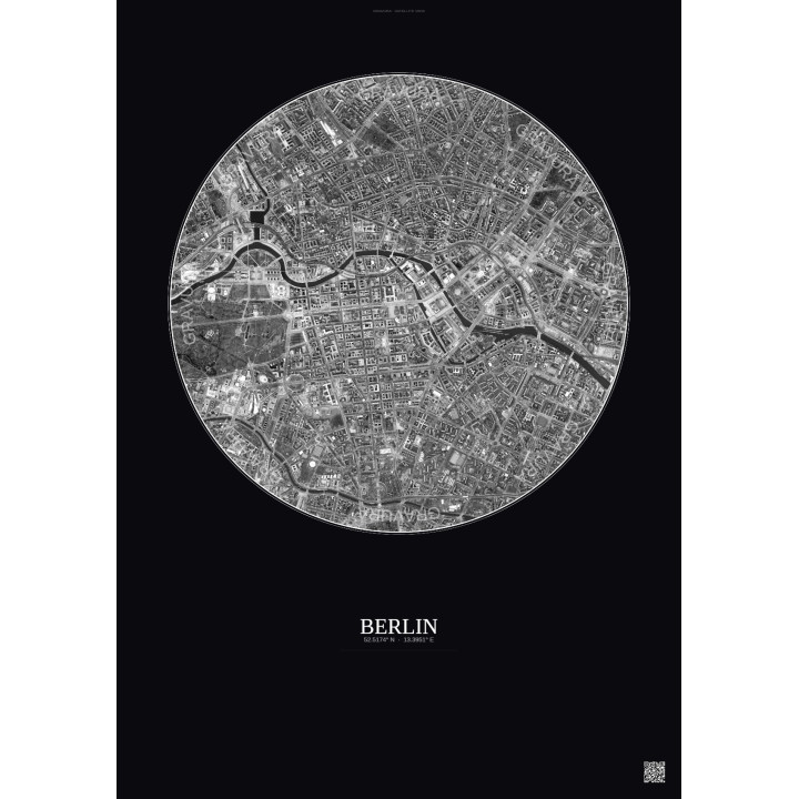 Affiche Berlin – Poster vue satellite 2.5km N&B | Gravura – Fond foncé