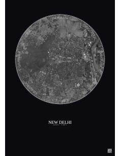 Affiche New Delhi – Poster vue satellite 6km N&B | Gravura – Fond foncé 2