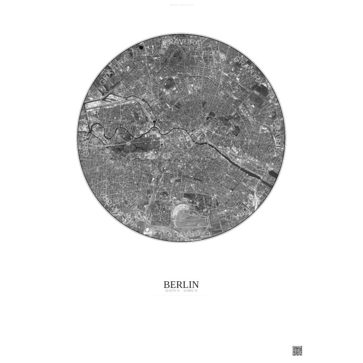 Affiche Berlin – Poster vue satellite 6km N&B | Gravura – Fond clair