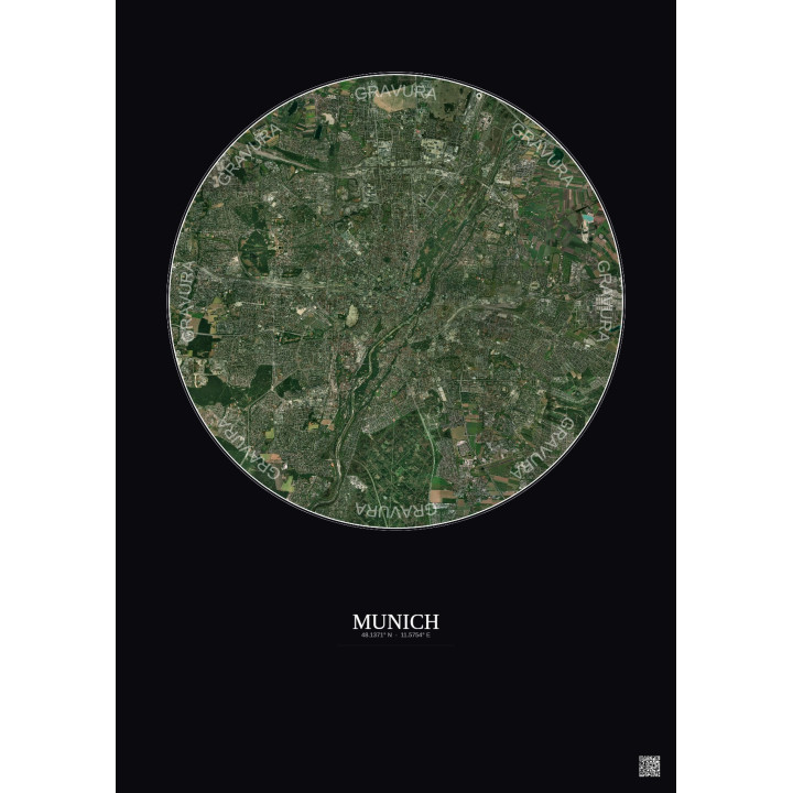 Affiche Munich – Poster vue satellite 10km Couleur | Gravura – Fond foncé