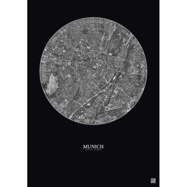 Munich Satellite View Poster 2.5km B&W | Gravura – Dark background