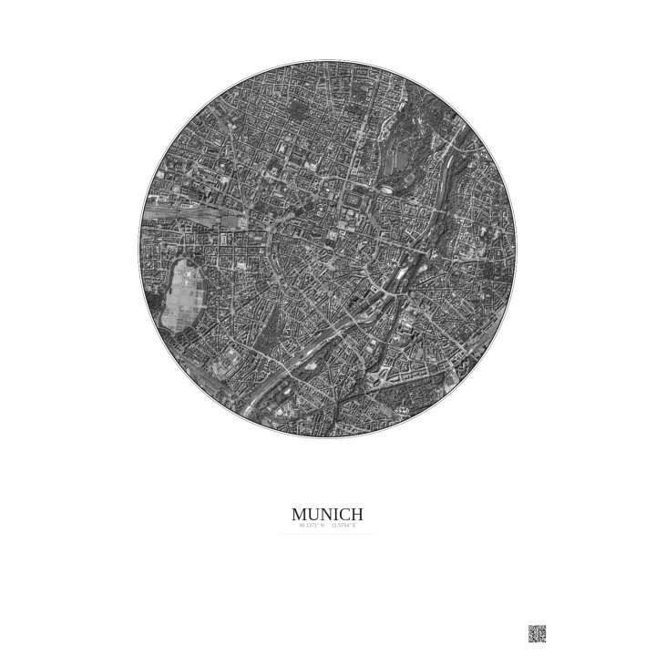 Munich Satellite View Poster 2.5km B&W | Gravura – Light background