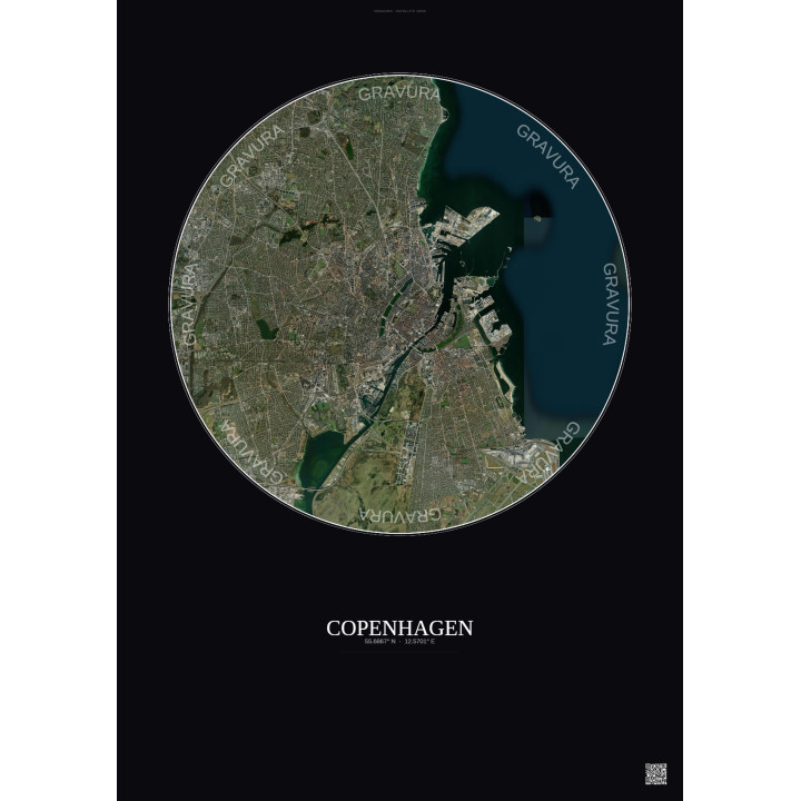 Affiche Copenhagen – Poster vue satellite 10km Couleur | Gravura – Fond foncé
