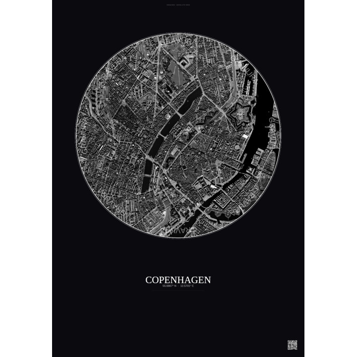 Affiche Copenhagen – Poster vue satellite 2.5km N&B | Gravura – Fond foncé