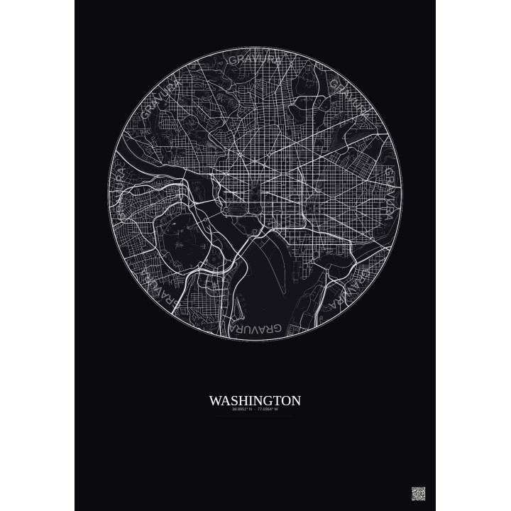 Affiche Washington – Poster carte de ville 6km | Gravura – Fond foncé
