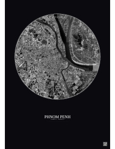 Affiche Phnom Penh – Poster vue satellite 10km N&B | Gravura – Fond foncé