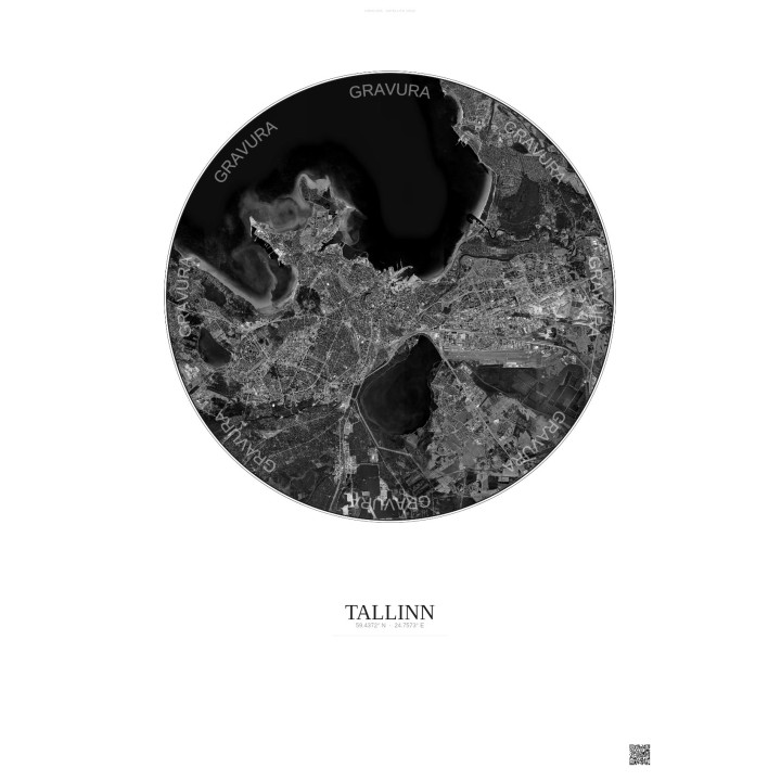 Affiche Tallinn – Poster vue satellite 10km N&B | Gravura – Fond clair