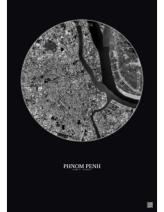 Affiche Phnom Penh – Poster vue satellite 6km N&B | Gravura – Fond foncé 2