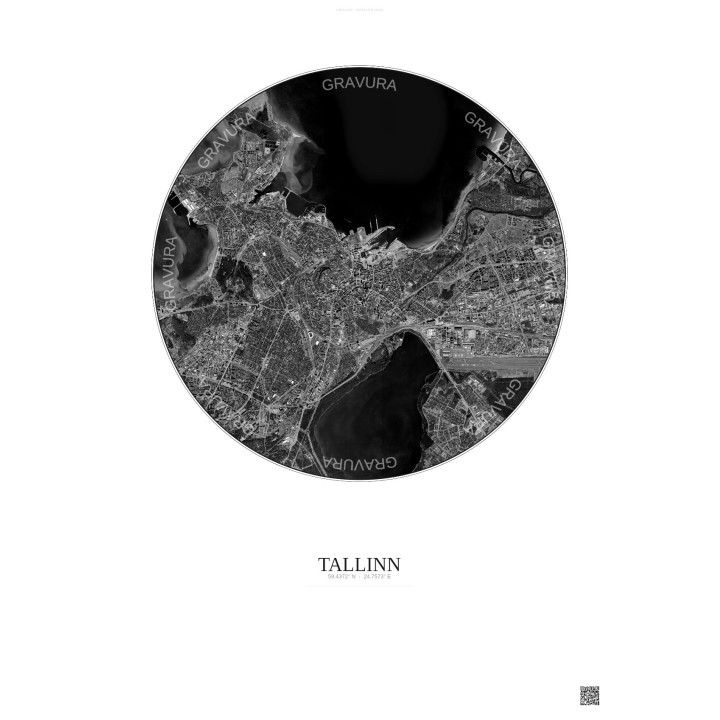 Affiche Tallinn – Poster vue satellite 6km N&B | Gravura – Fond clair