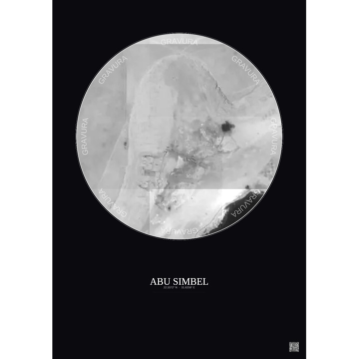 Affiche Abu Simbel – Poster vue satellite 0.1km N&B | Gravura – Fond foncé