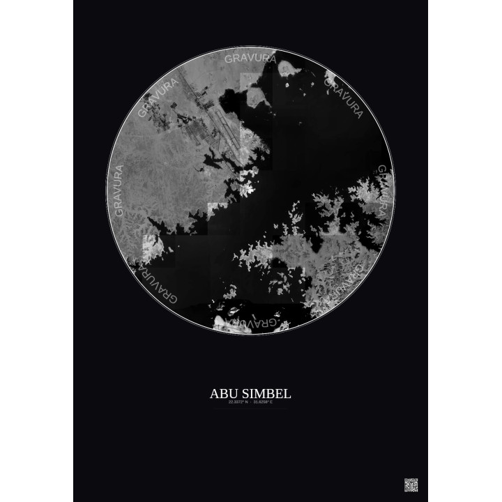 Affiche Abu Simbel – Poster vue satellite 10km N&B | Gravura – Fond foncé