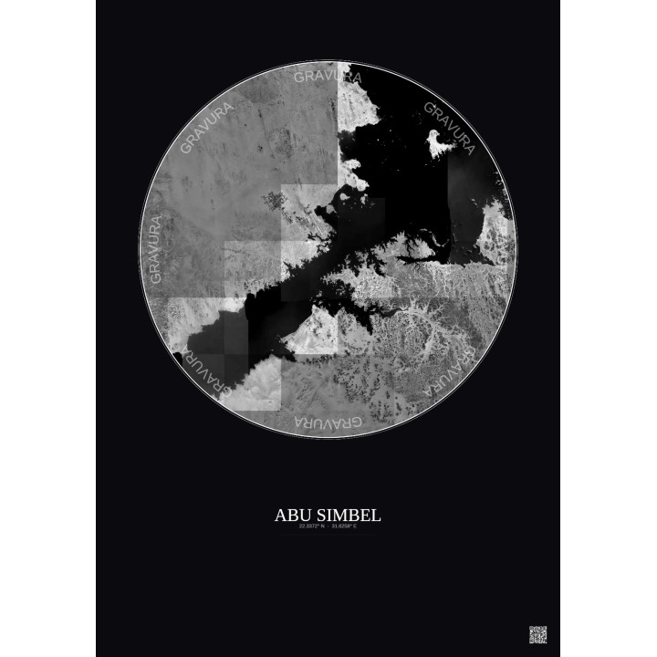 Affiche Abu Simbel – Poster vue satellite 30km N&B | Gravura – Fond foncé