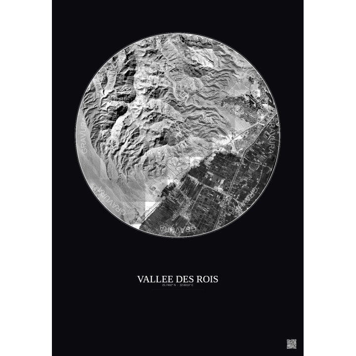 Affiche Vallee Des Rois – Poster vue satellite 5km N&B | Gravura – Fond foncé