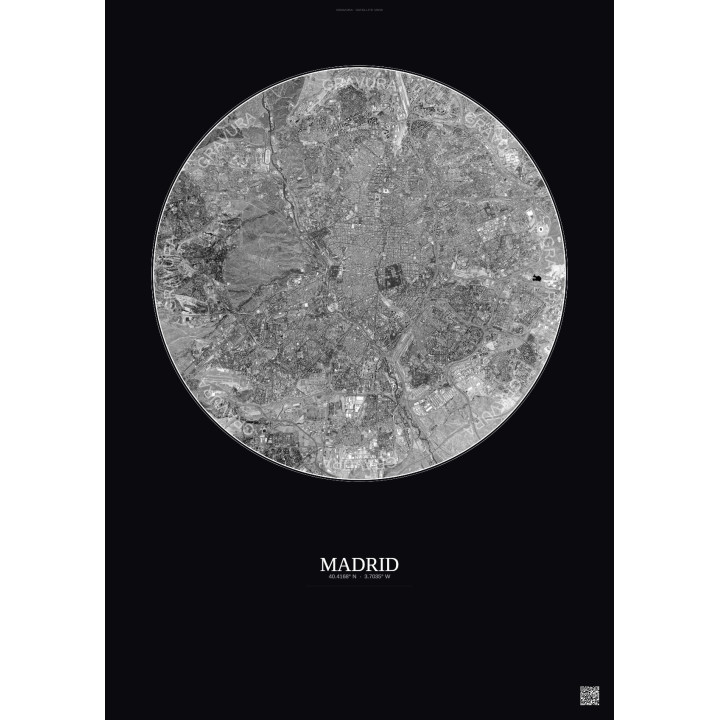 Affiche Madrid – Poster vue satellite 10km N&B | Gravura – Fond foncé