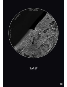 Rabat Satellite View Poster 10km B&W | Gravura – Dark background 2