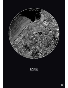 Rabat Satellite View Poster 2.5km B&W | Gravura – Dark background 2